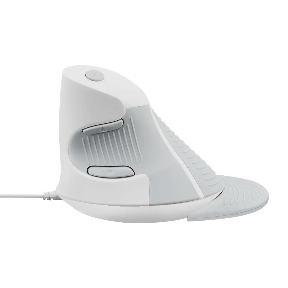 Black and white wired vertical ergonomic mouse for desktop computers on a wooden desk.