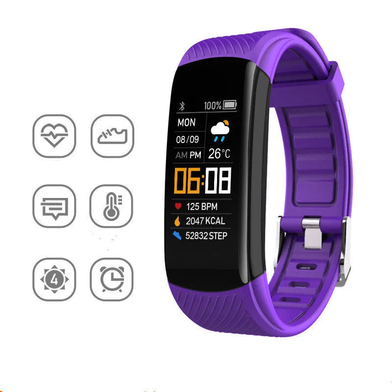 C5S model smart pedometer bracelet fitness tracker with touchscreen in various colours.
