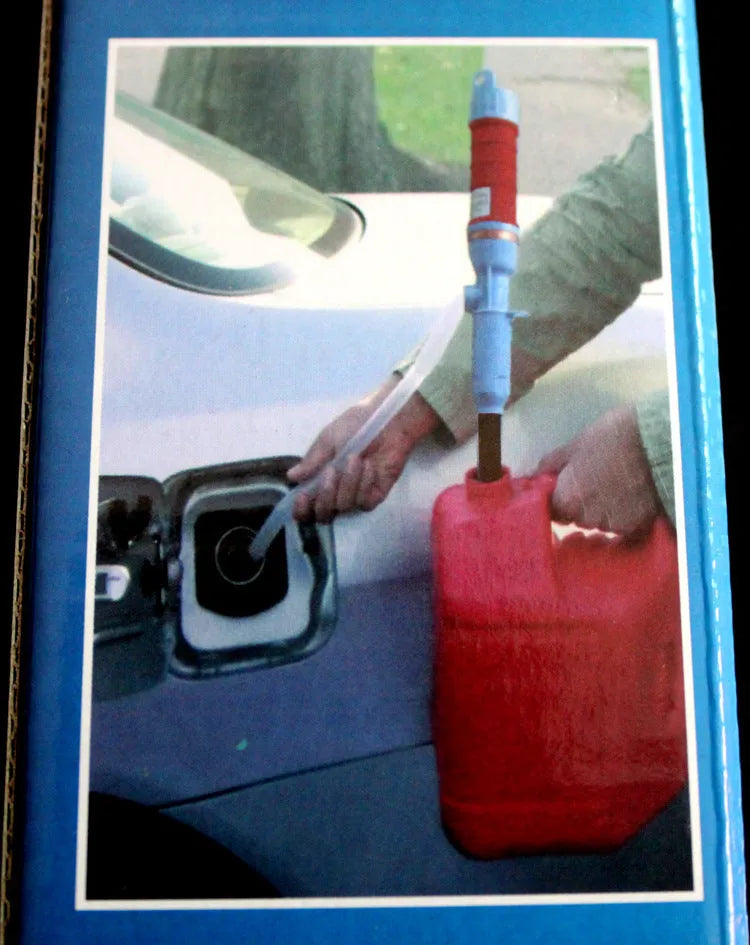 Blue manual hand siphon pump for transferring gasoline and oil.