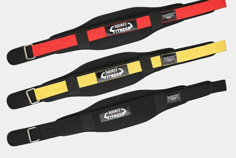 Nylon fitness weightlifting waistband belt in black, red, or yellow colour.