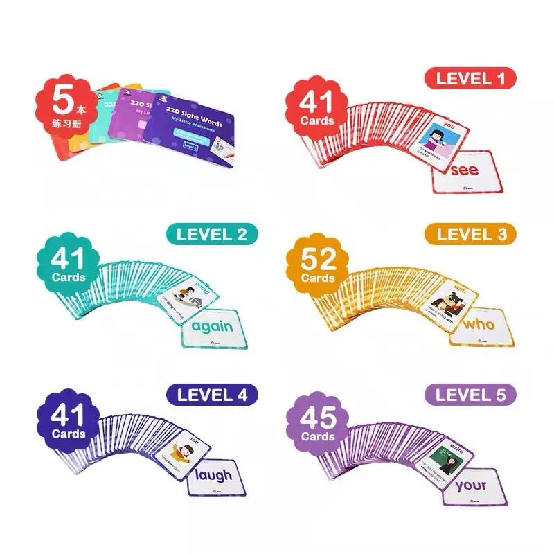 220 high frequency word flashcards with five interactive workbooks for early childhood education