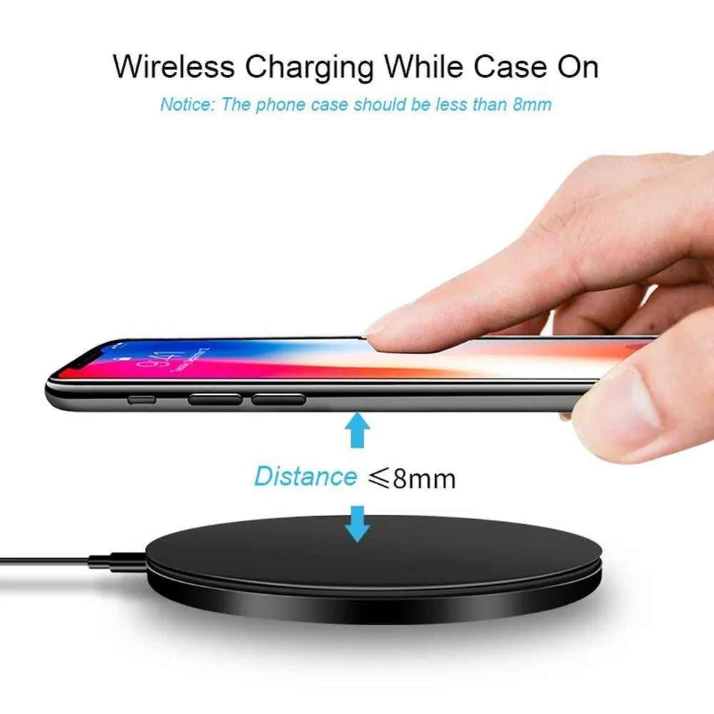 Black ultra-thin QI wireless fast charging pad with 98mm square dimensions and slim profile