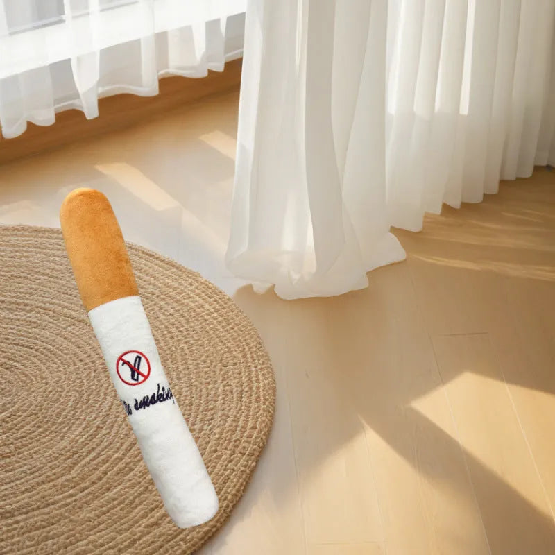 White plush cigarette shaped pet toy with squeaky sounder for cats and dogs