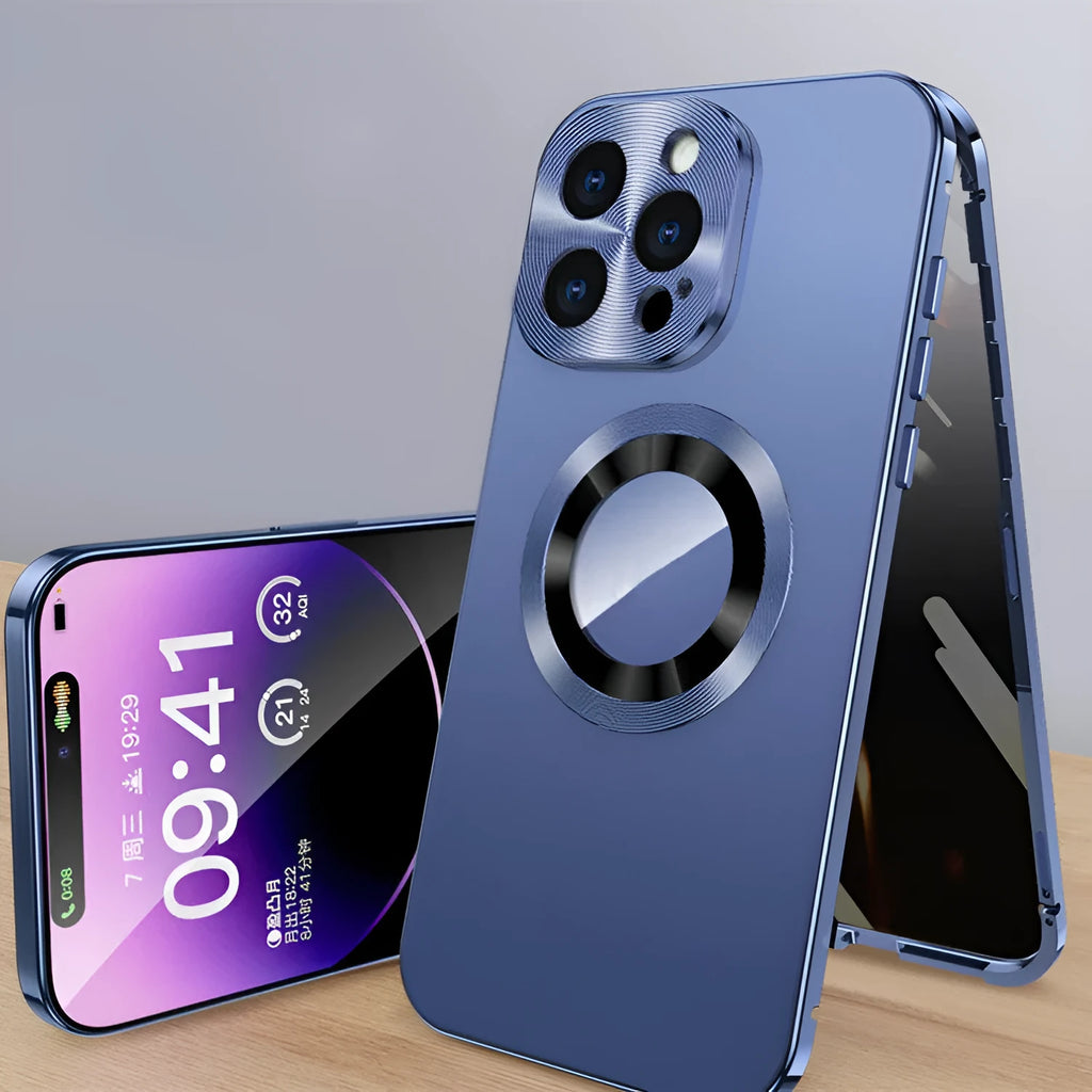 Magnetic anti-peep phone case with metal clip for iPhone 12-15 series, black, alloy and plastic build