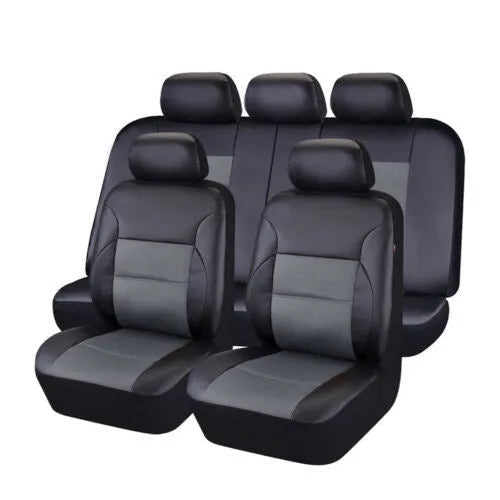 Artificial leather car seat cover set showing front seat, rear bench, and headrest pieces in black.