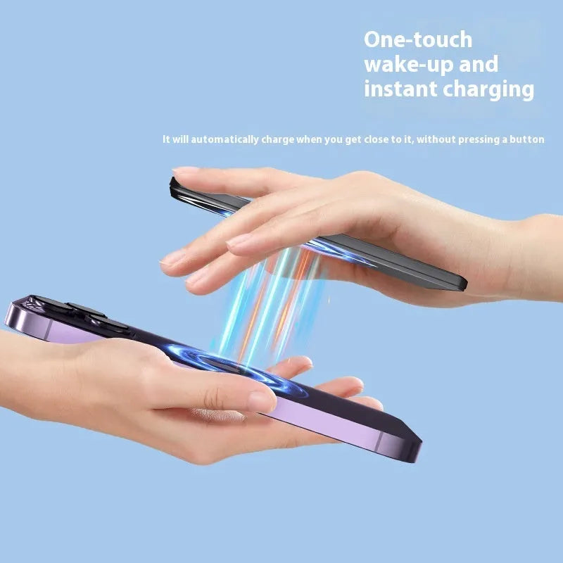 Ultra-thin silver magnetic power bank showing slim 9mm profile and alloy shell.