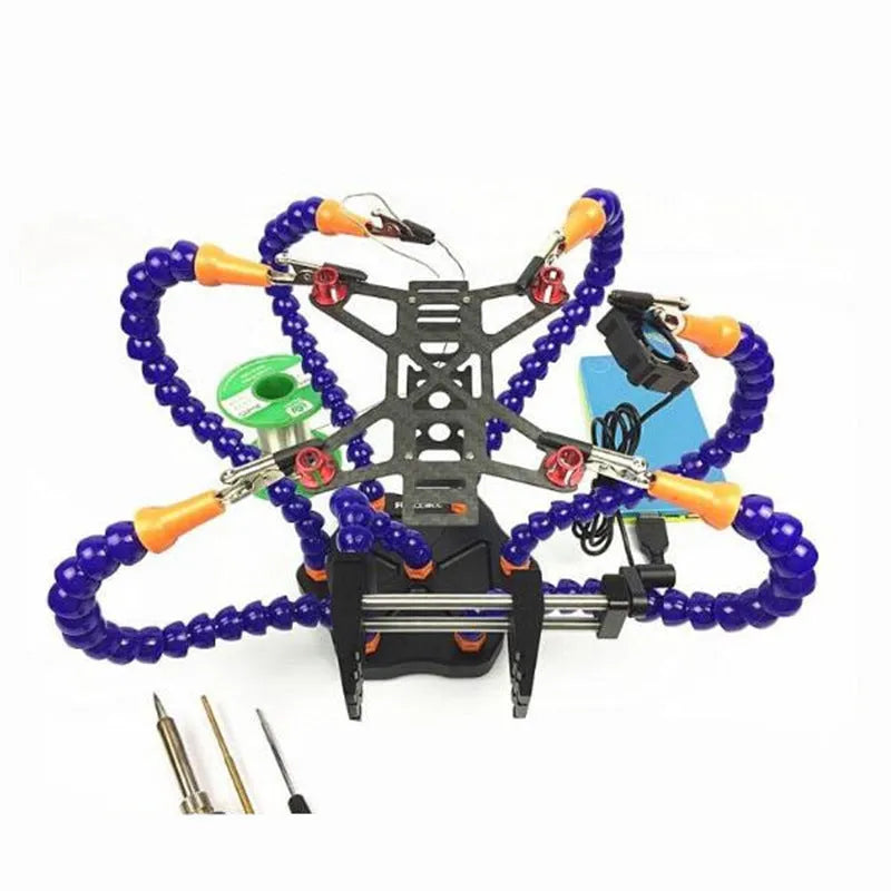 Black or purple six-claw aluminium welding station with adjustable arms for model repair.