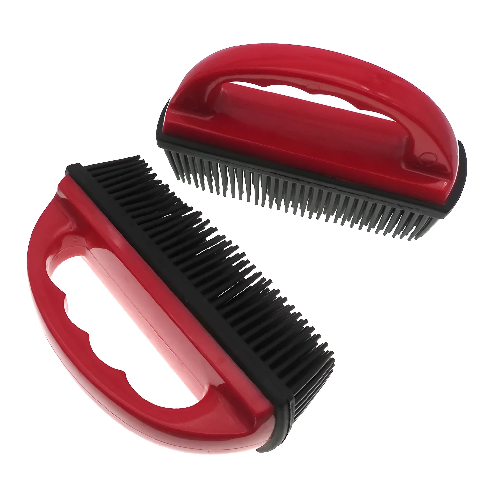Red plastic pet hair removal brush for dog and cat grooming and carpet cleaning, dimensions 160mm by 85mm