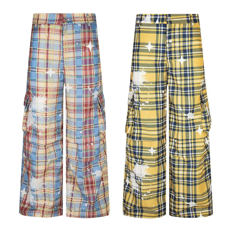 Men's retro plaid overalls loose straight casual trousers in blue polyester