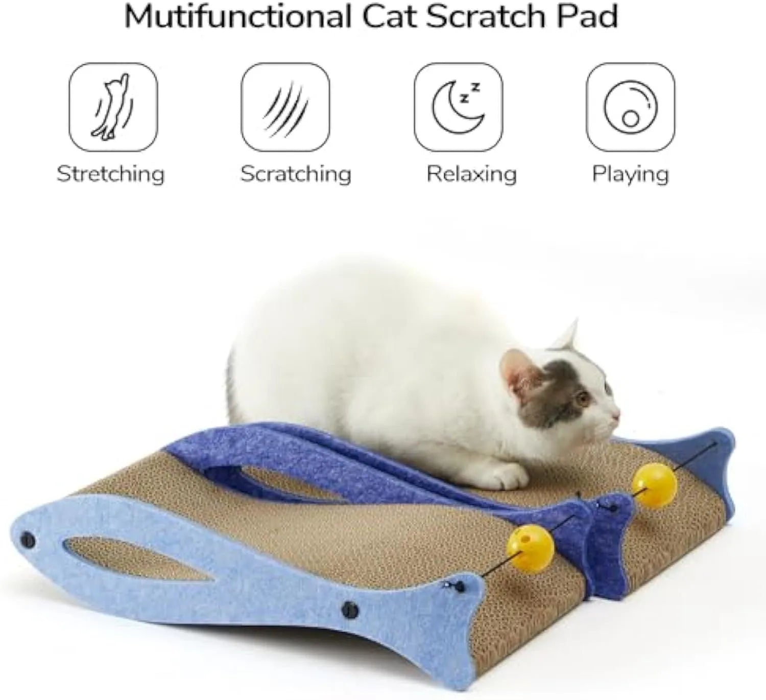 Blue fish-shaped cat scratcher with corrugated cardboard construction and hanging bell ball toy