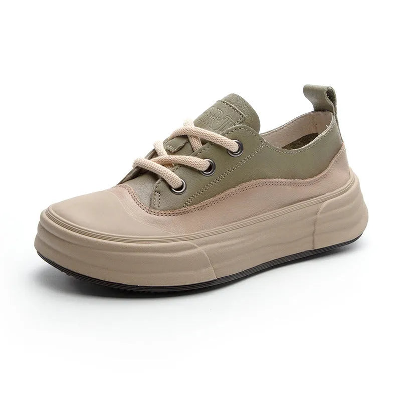 Women's leather platform sneakers in matcha, orange, and purple colours showing round toe and lace-up design
