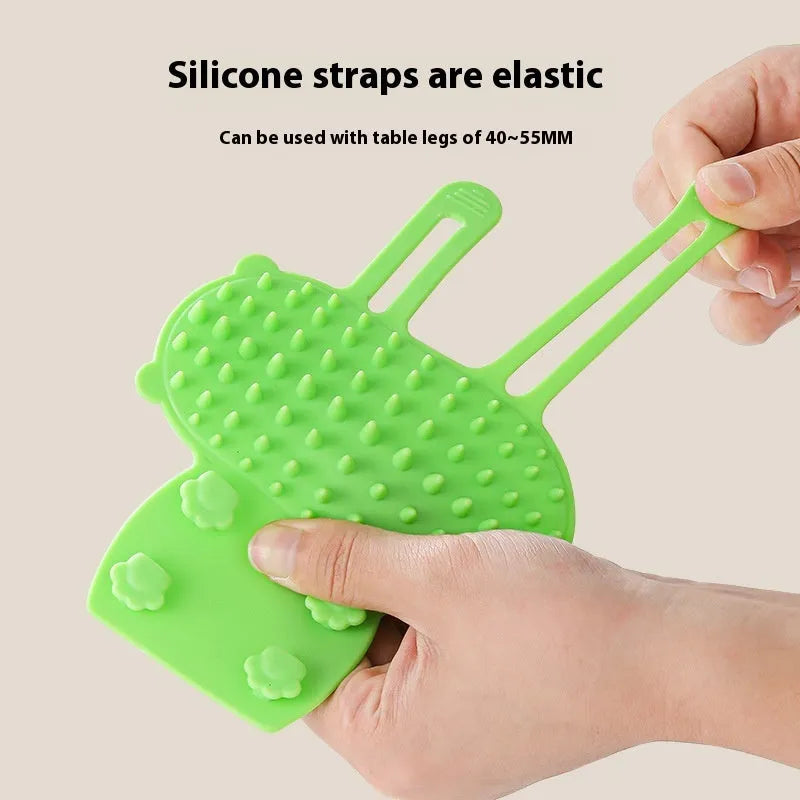 Silicone cat grooming brush with adjustable strap and rounded comb teeth in four colour options