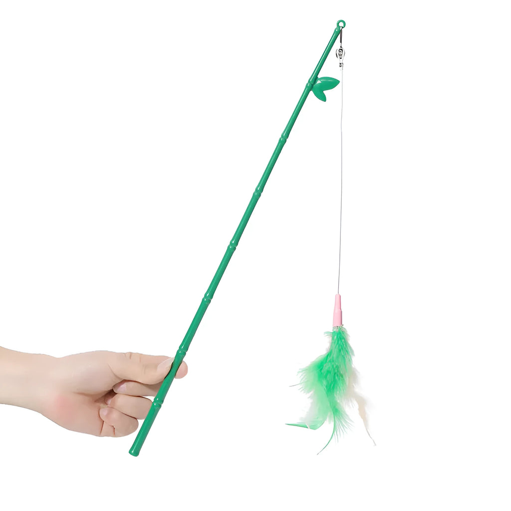 Green interactive cat feather wand with bells and feathers, durable play toy