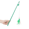 Green interactive cat feather wand with bells and feathers, durable play toy