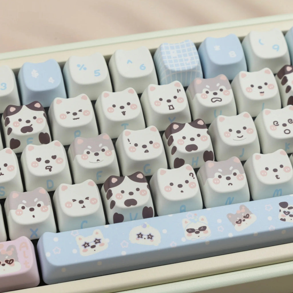 Full set of PBT key caps with sublimation printed cat and puppy designs for mechanical keyboards