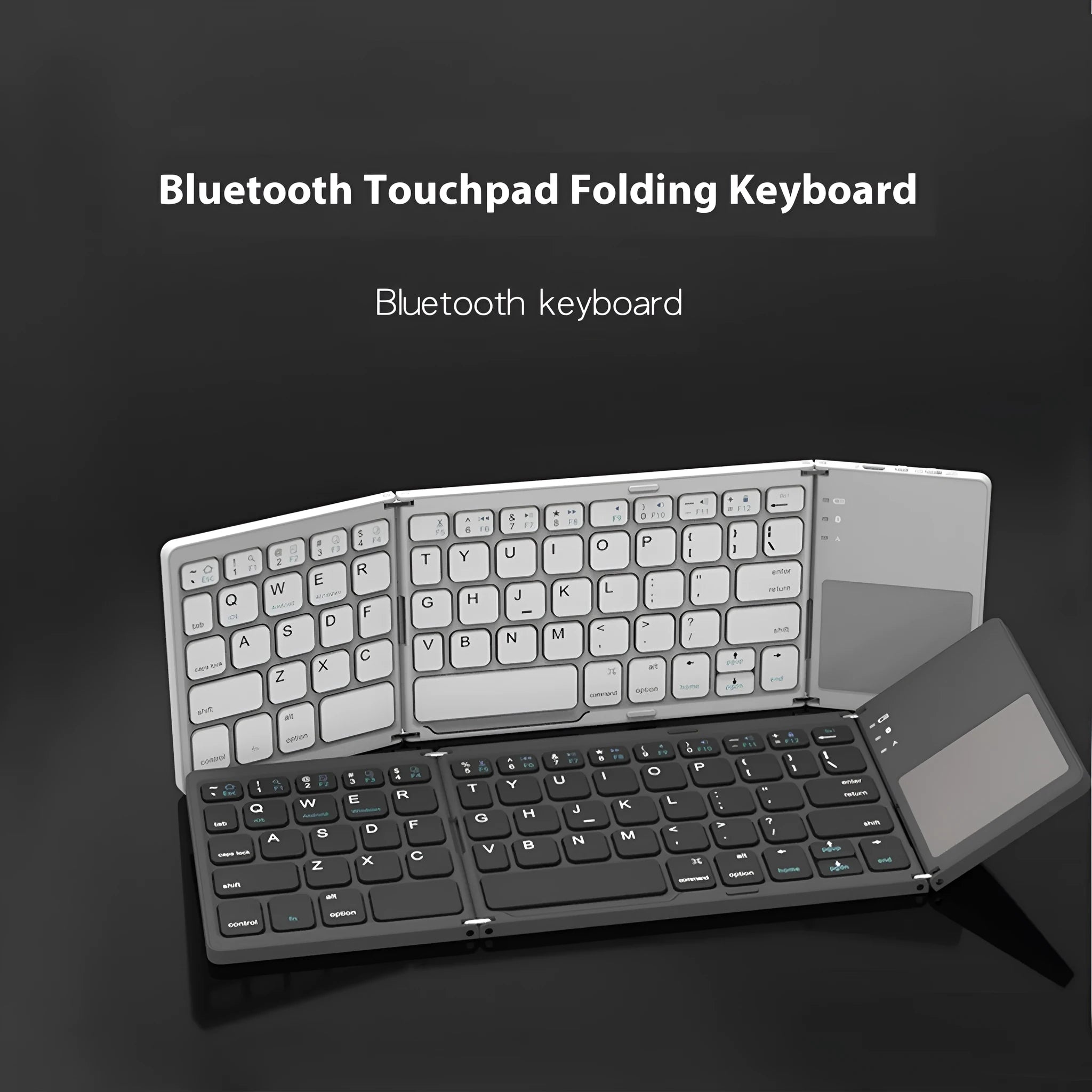 Black mini tri-fold Bluetooth keyboard shown open and folded, highlighting its thin 0.8cm profile.