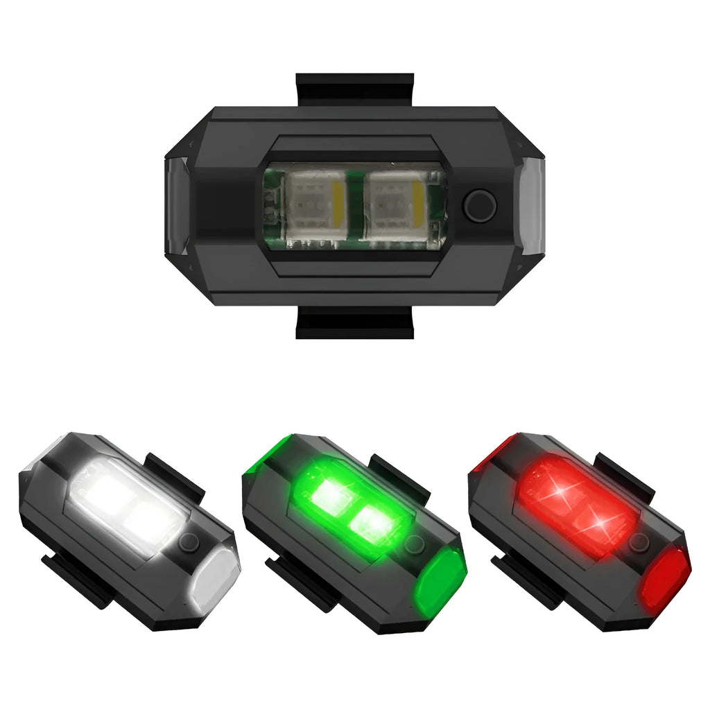 Drone strobe light with 7 RGB colours, Type-C cable, and mounting tapes for universal drone attachment