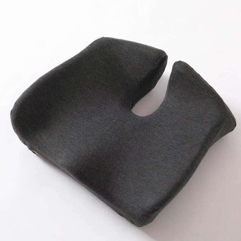 Solid colour memory foam office chair cushion shown in grey, dimensions 36cm by 40cm.