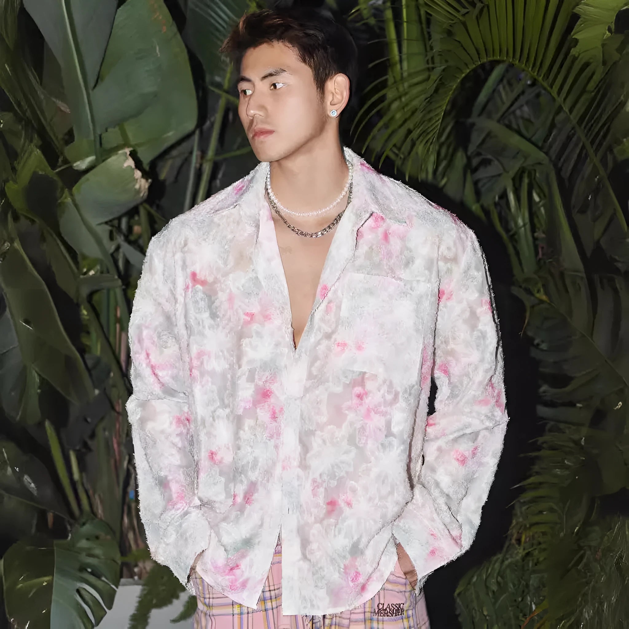 Embossed floral pattern long sleeve shirt in chemical fibre blend fabric available in pink and blue colours