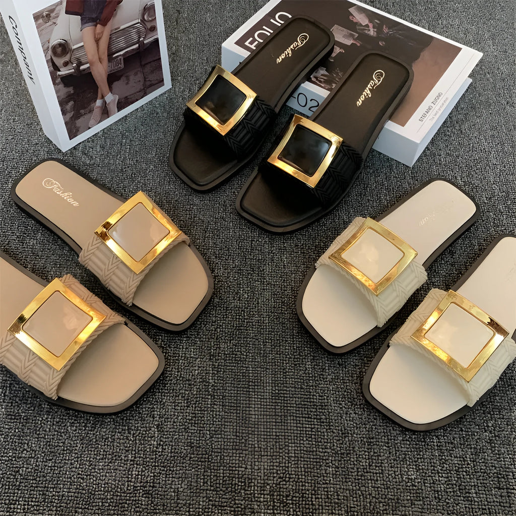Women's summer flat slippers in apricot, black and khaki colours with waterproof PVC non-slip soles
