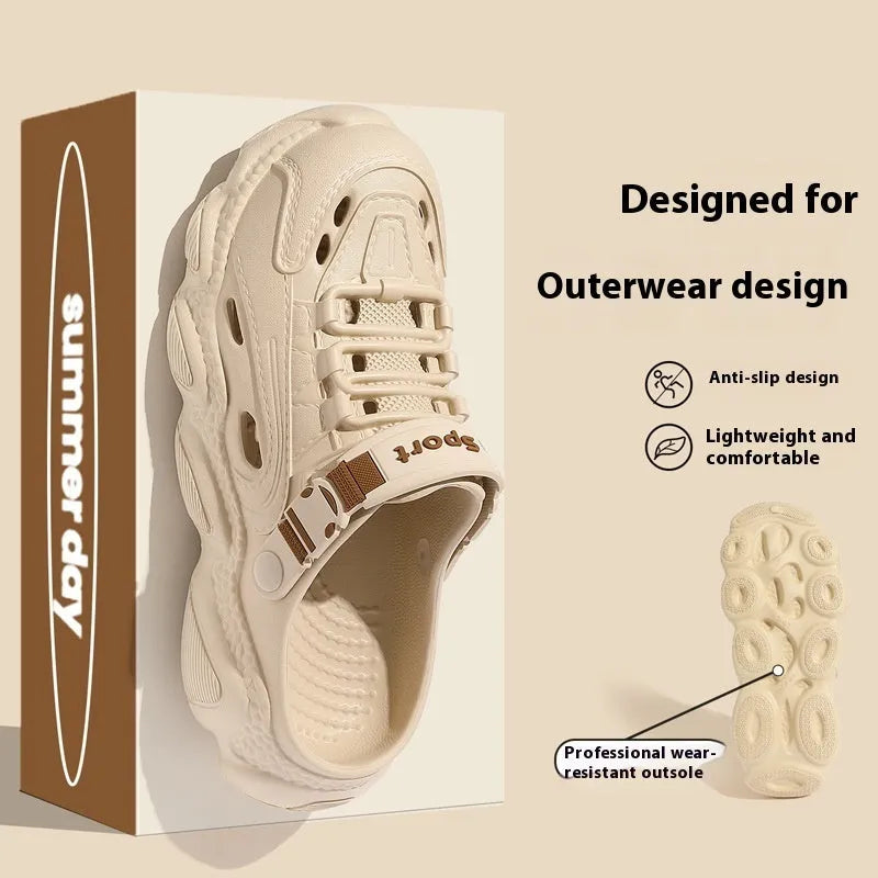 Men's khaki outdoor slippers with a hollow out design and textured EVA sole.