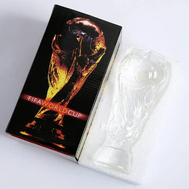 Transparent Hercules-themed glass beer cup with 450ml capacity, 6cm diameter, and 19cm height on a table