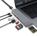 8-in-1 USB-C expansion hub for MacBook Pro with dual plugs, USB ports, card readers, and SSD slot