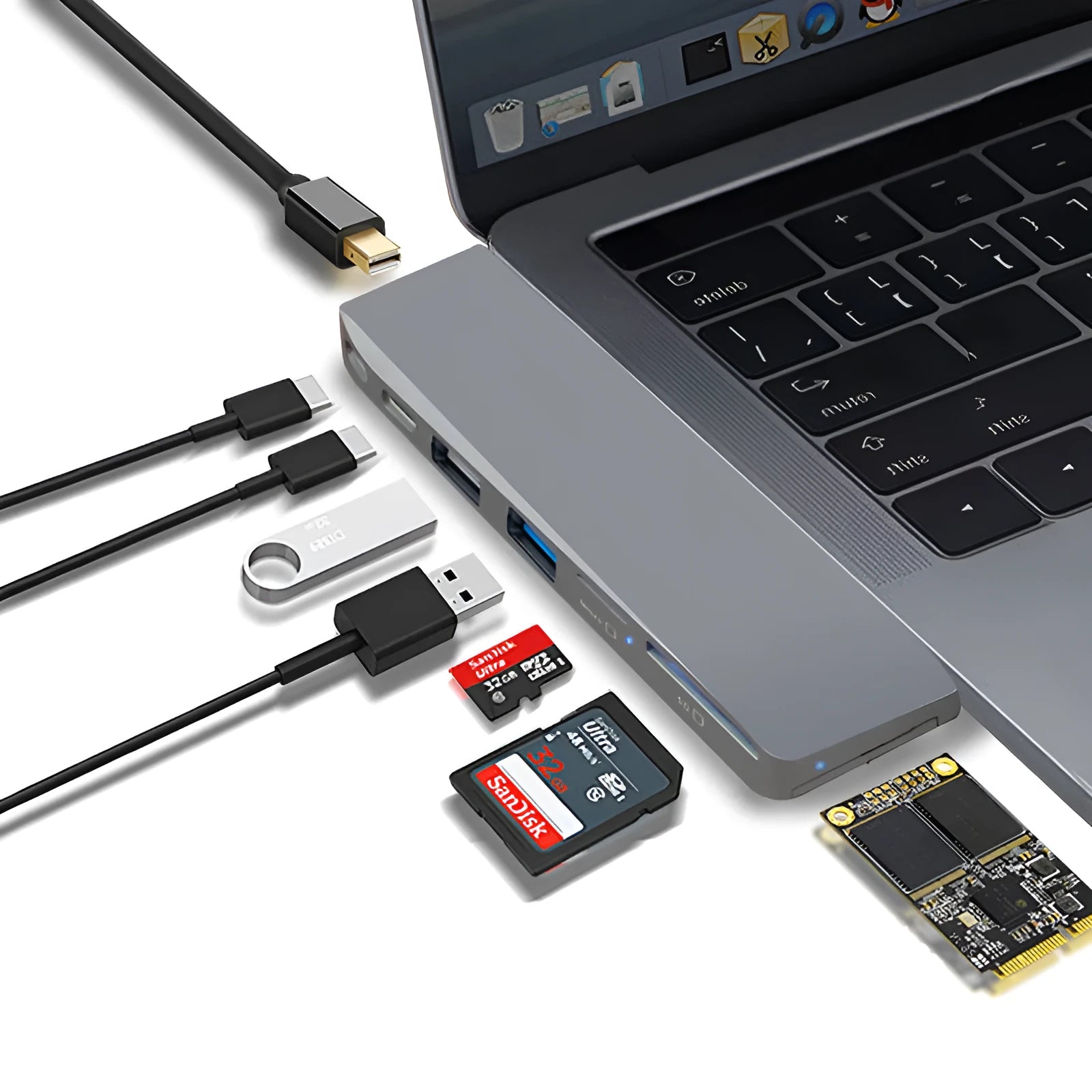 8-in-1 USB-C expansion hub for MacBook Pro with dual plugs, USB ports, card readers, and SSD slot