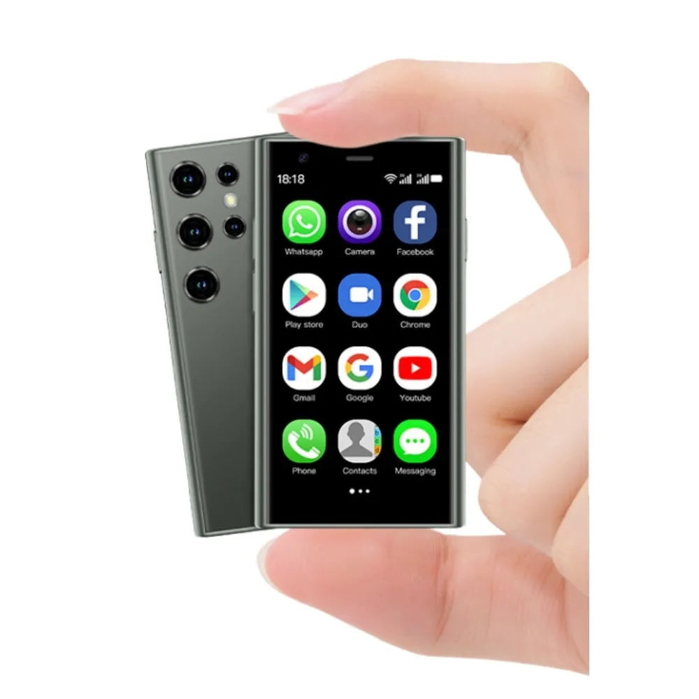 Mini smartphone with 30cm screen in black, green, or pink purple colour showing straight plate design