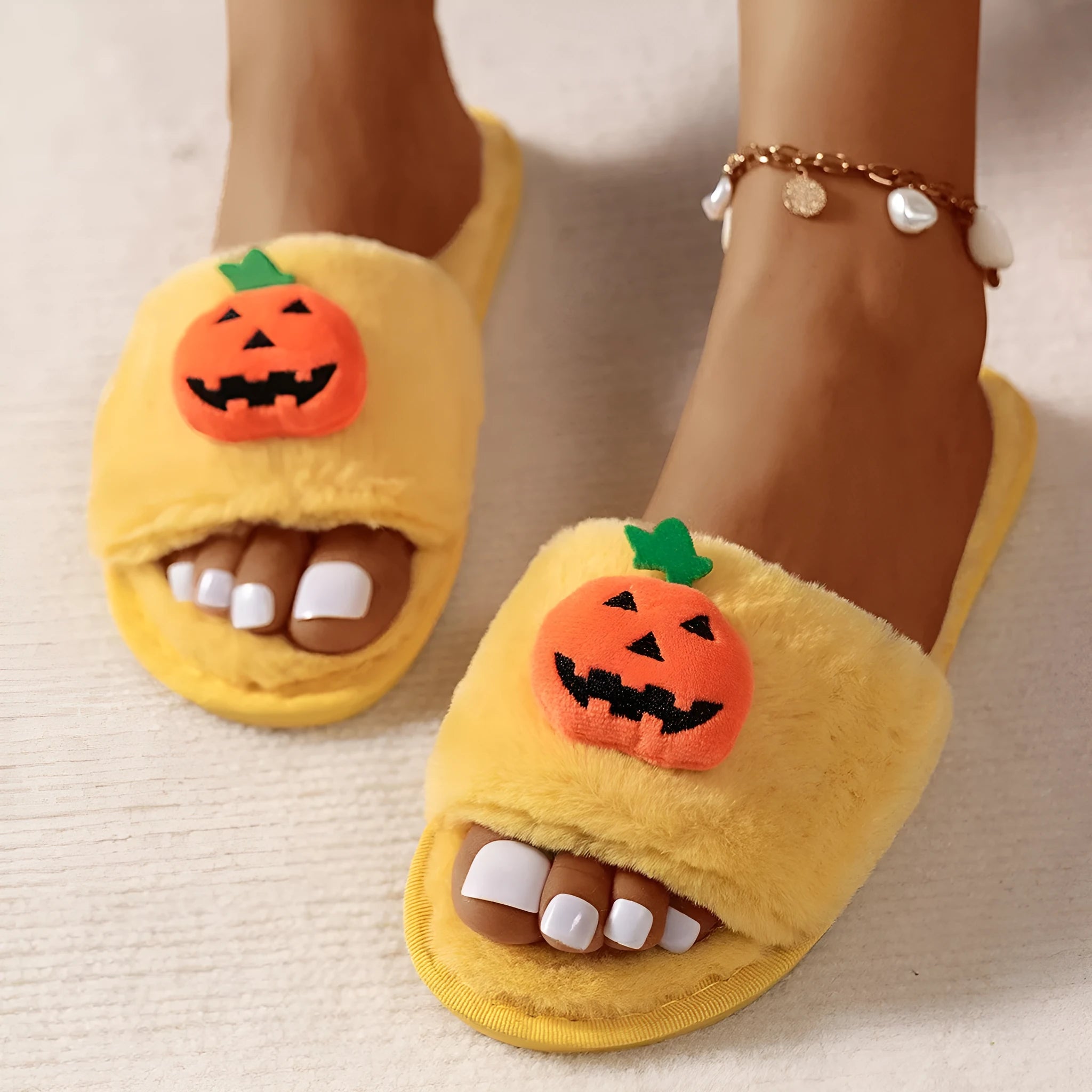 Halloween pumpkin plush open toe slippers with anti-slip PVC sole in white or yellow