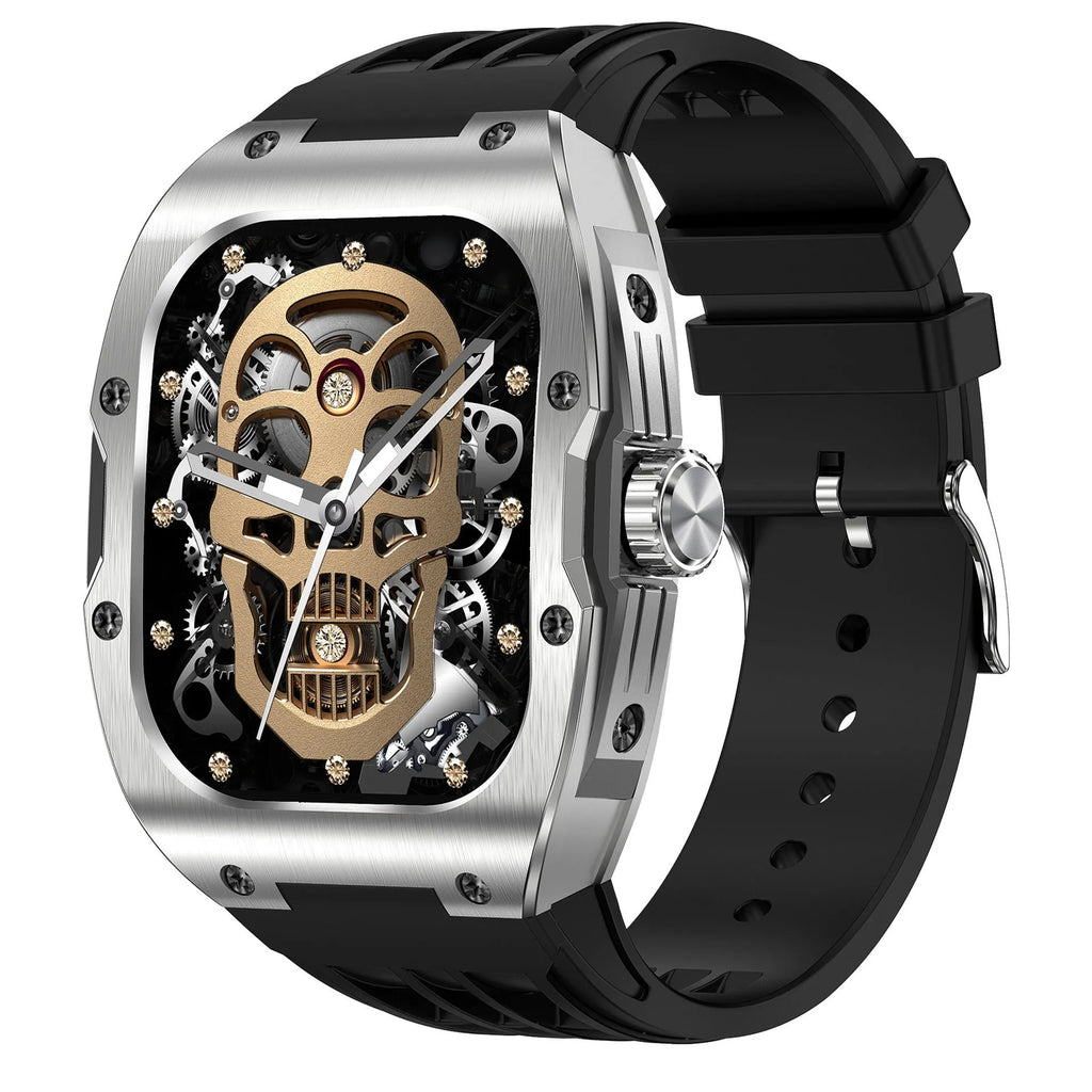 AMOLED smart watch for men with black and blue tape tab strap, showing Bluetooth calling and fitness tracking features.