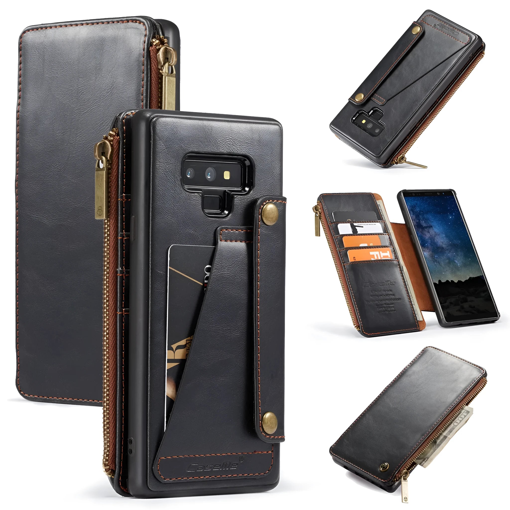 Samsung Galaxy Note9 PU leather flip phone case in black showing closed front cover