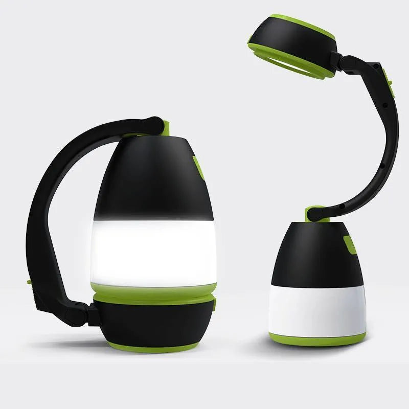 Black-green multifunctional LED lamp with adjustable head showing three lighting modes and USB charging port