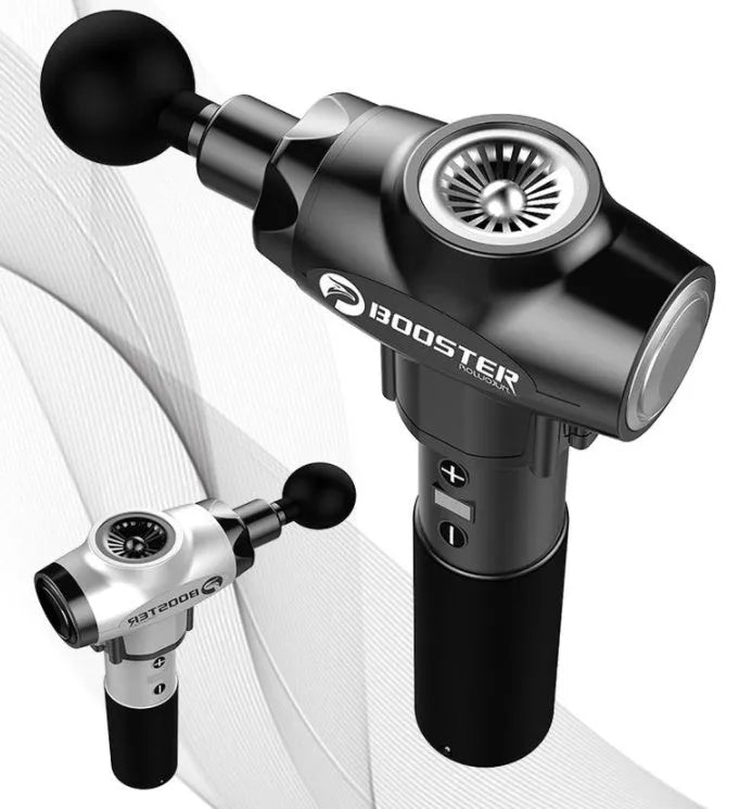 Black and white portable massage gun with variable speed control for muscle relaxation
