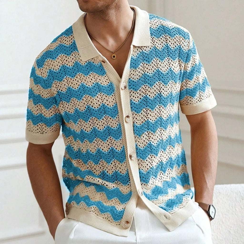 Short sleeve corrugated texture sweater in blue, brown, or yellow colours on a hanger.