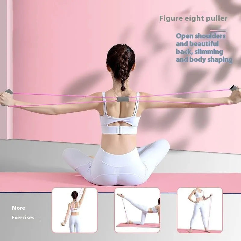 Yoga four piece set with leg stretching device, yoga ring, pedal tensioner and figure eight tension rope