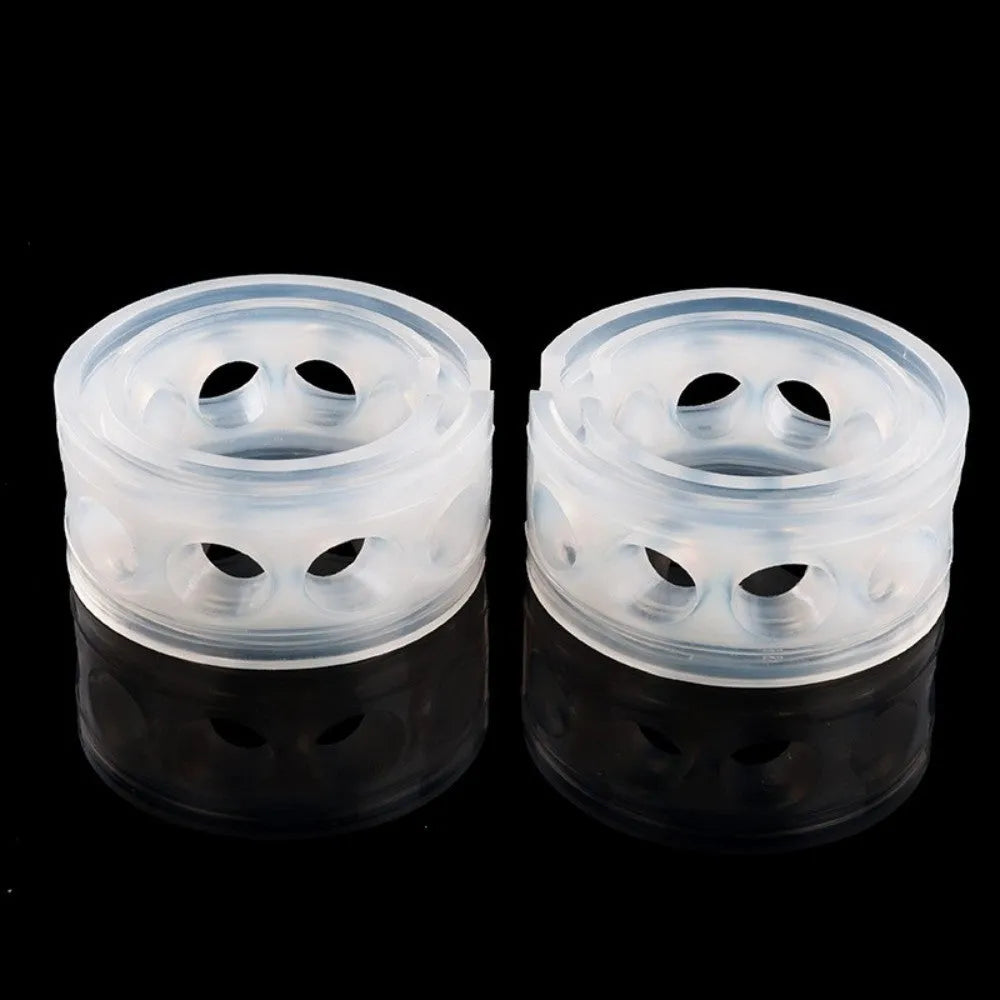 Transparent rubber car spring shock absorber buffer on a coil spring, showing size options A through F