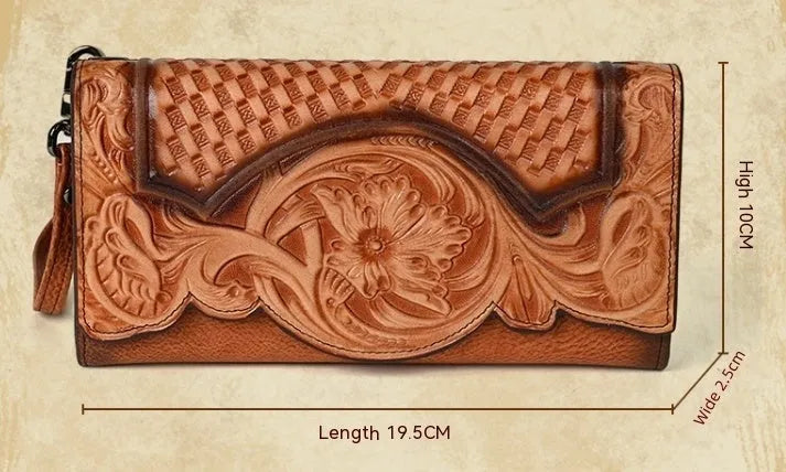 Retro brown tri-fold women's wallet with an embossed floral pattern, made from cowhide leather.