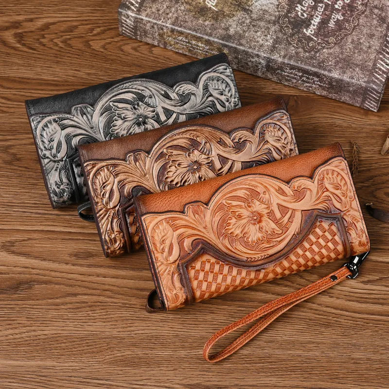 Retro brown tri-fold women's wallet with an embossed floral pattern, made from cowhide leather.