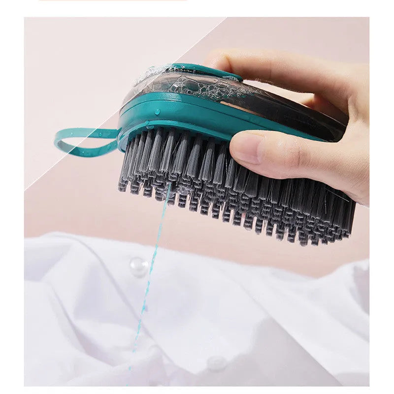 Multifunctional automatic liquid cleaning brush with ergonomic grip in blue showing built-in reservoir and soft bristles