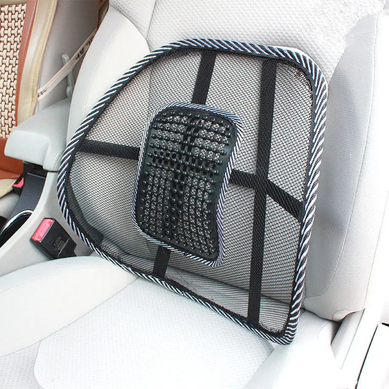 Black lumbar support pillow with steel wire frame for car and office chairs