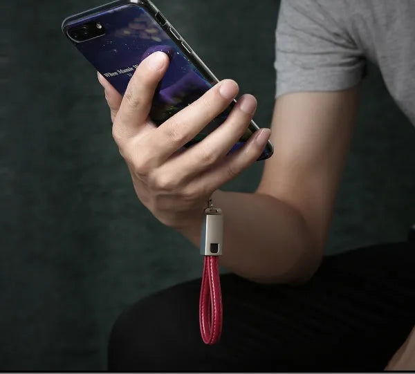 Leather USB charging cable with Lightning connector for iPhone, 20cm length, available in black