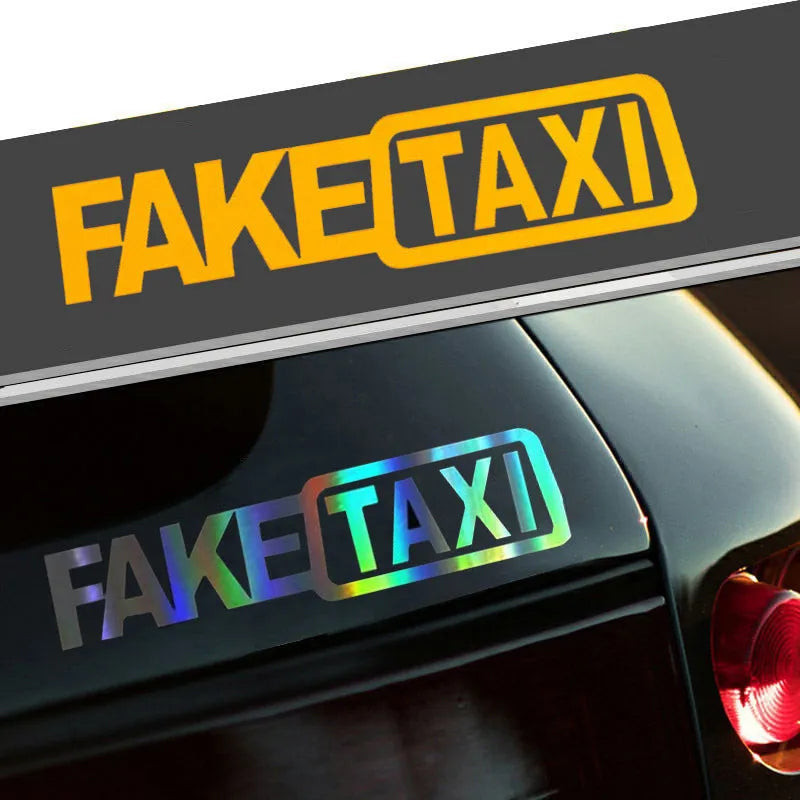 Waterproof FAKE TAXI car warning sticker in yellow, 20 cm by 8 cm, on a car window.