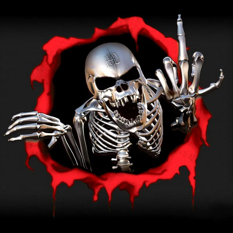 Colourful reflective metal skull bumper sticker on white background, measuring 15cm by 14cm.