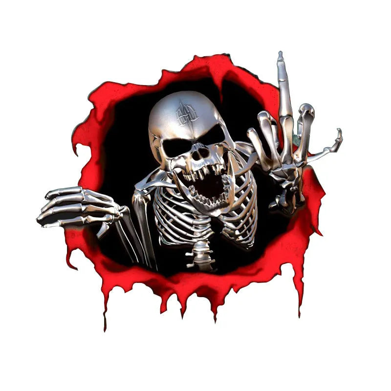 Colourful reflective metal skull bumper sticker on white background, measuring 15cm by 14cm.