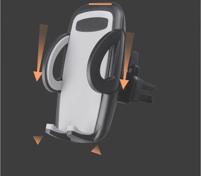 Black plastic car air vent mobile phone holder mounted on vehicle dashboard