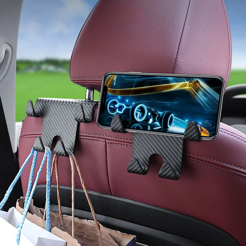 Black car hook and mobile phone bracket for rear seat storage organisation