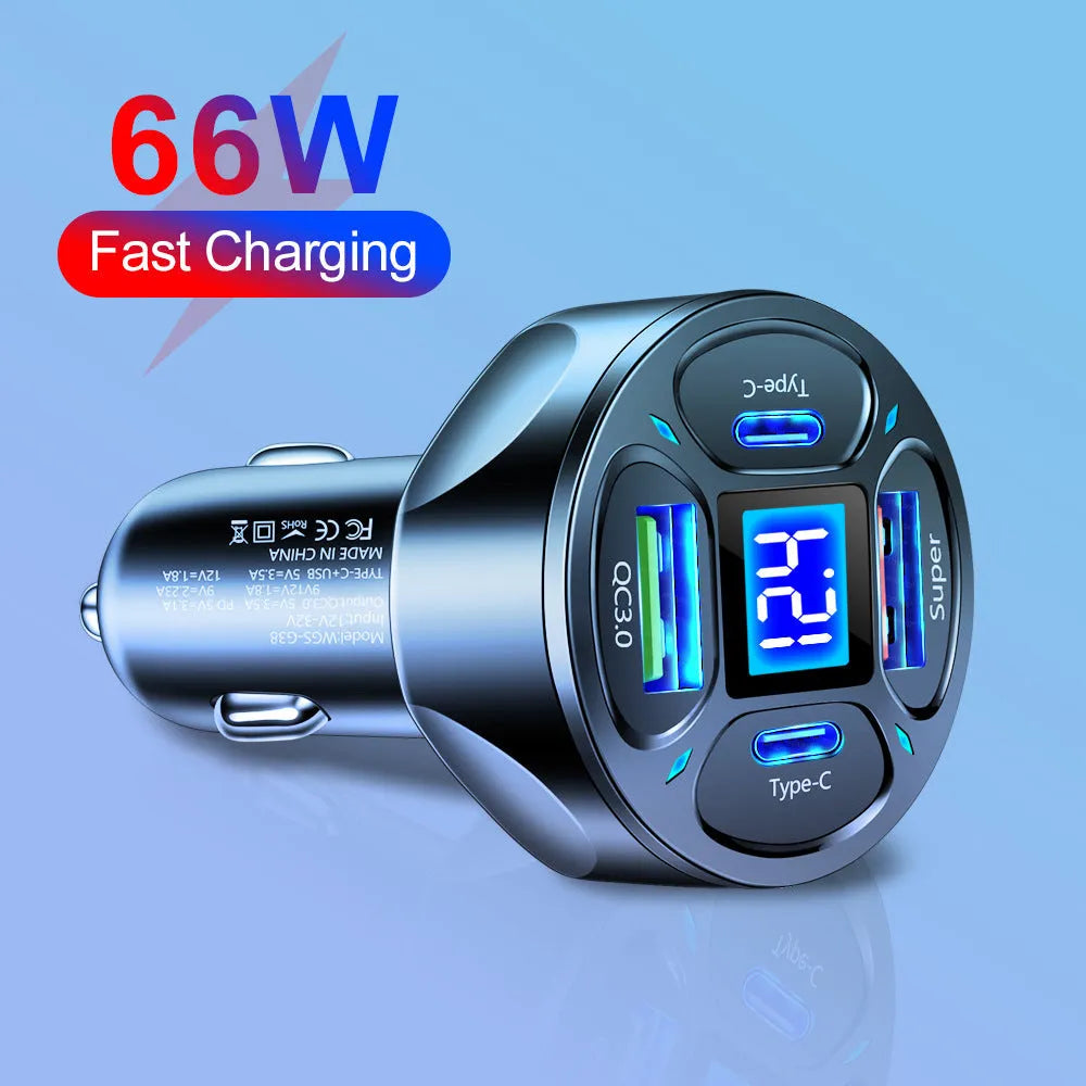 66W black digital display car charger with two USB ports and two Type-C ports