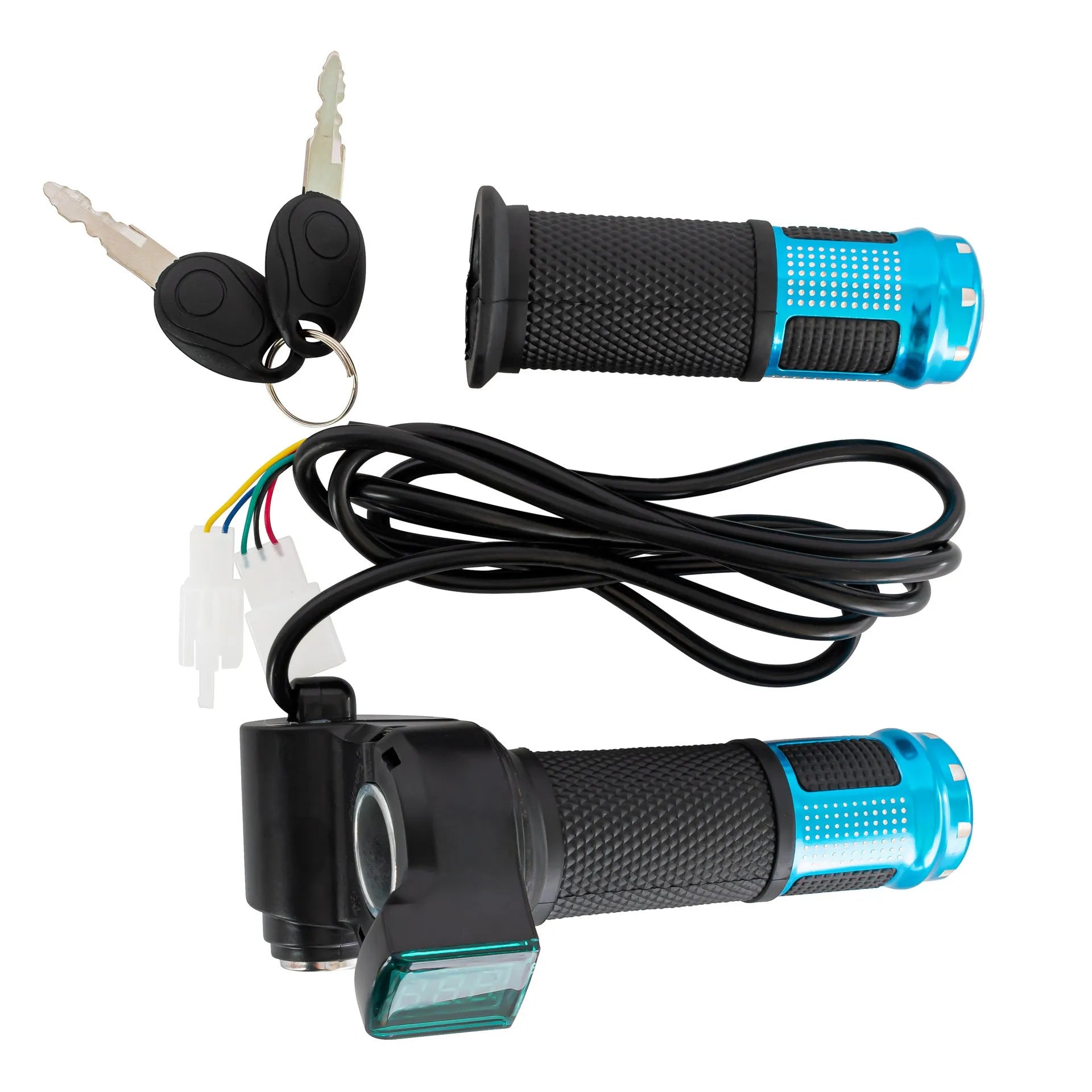 Electric vehicle handlebar section in blue, red, silver, and yellow colours, showing the PC/ABS housing.