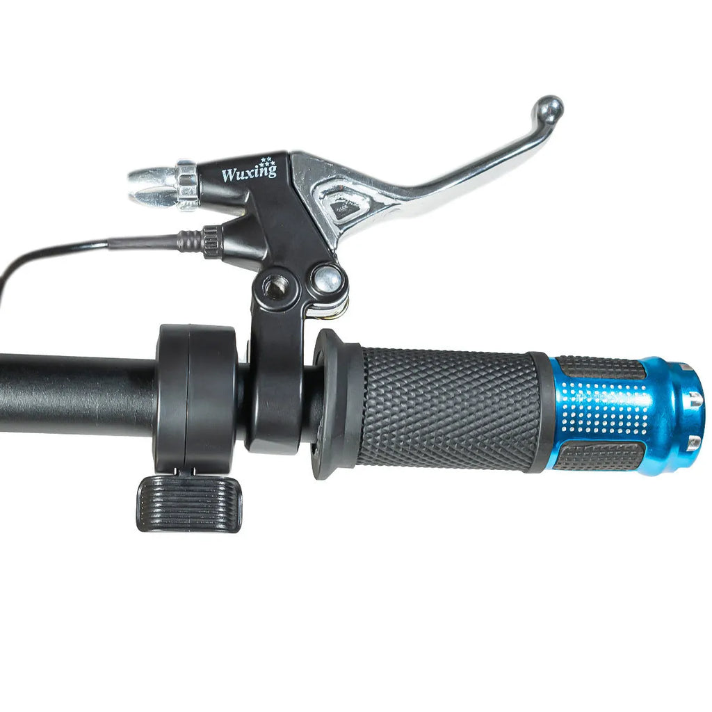 Electric vehicle handlebar section in blue, red, silver, and yellow colours, showing the PC/ABS housing.